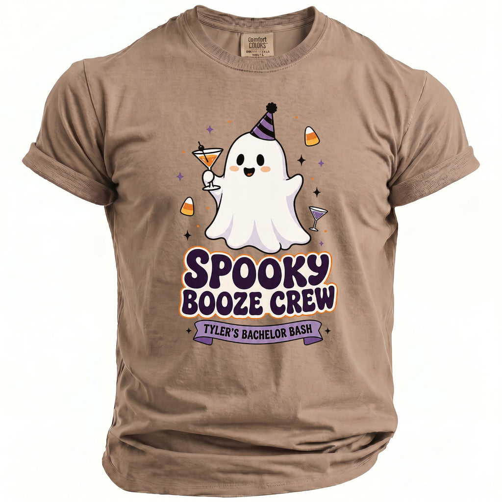 T-shirt with a ghost holding a martini, reading "Spooky Booze Crew Tyler's Bachelor Bash."