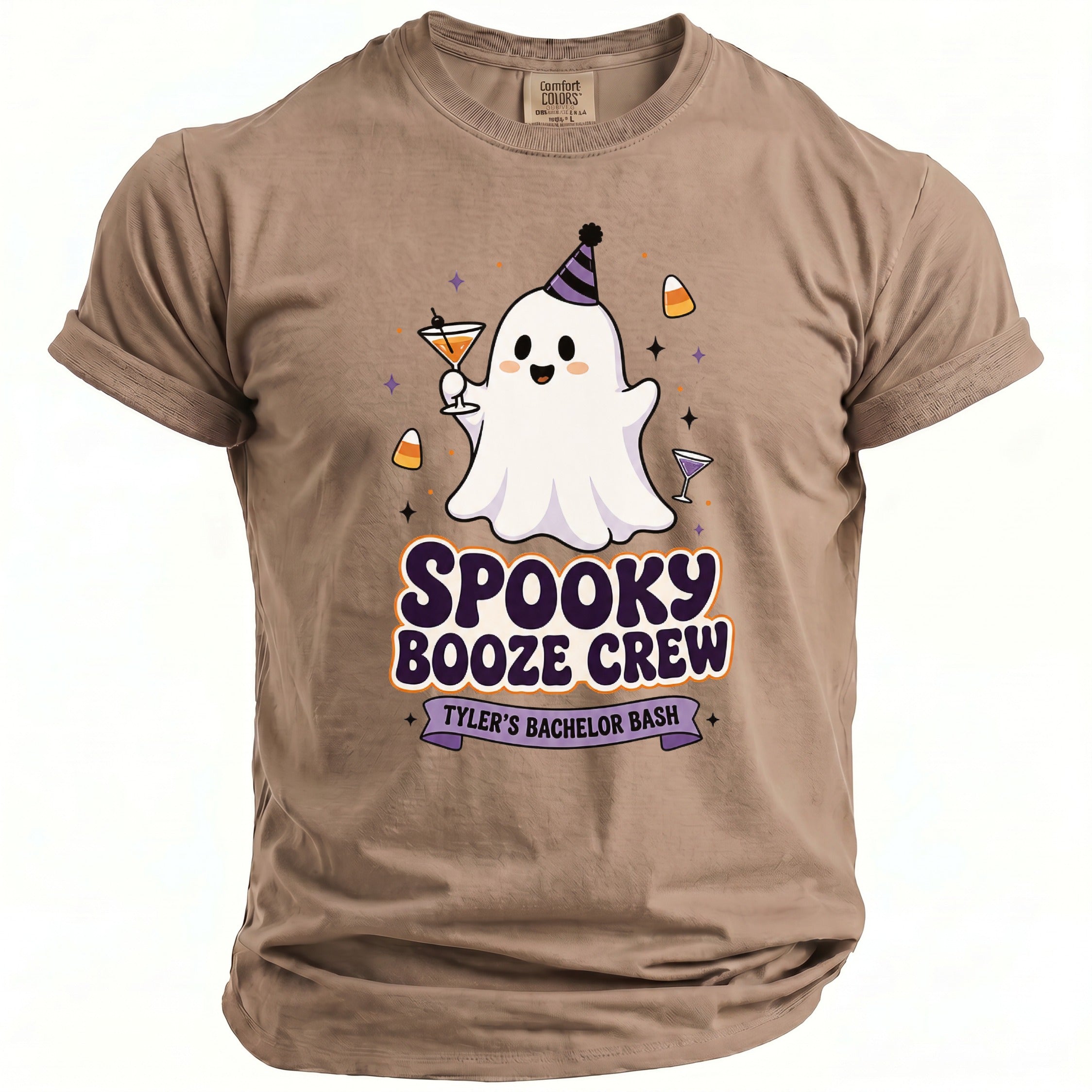 T-shirt with a ghost holding a martini, reading "Spooky Booze Crew Tyler's Bachelor Bash."