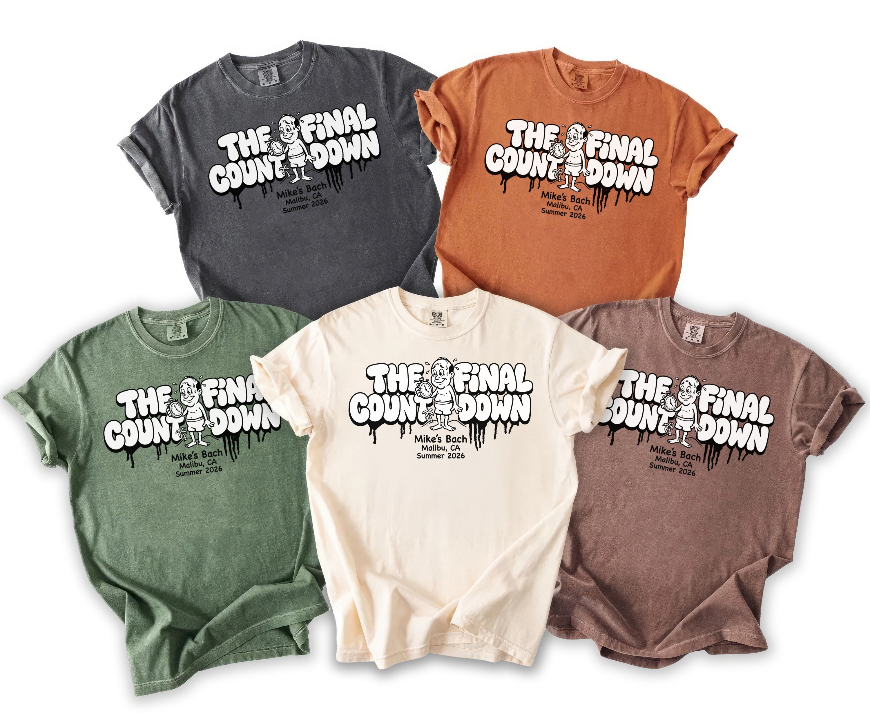 Five t-shirts in different colors with "The Final Countdown" and "Mike's Bach" text.