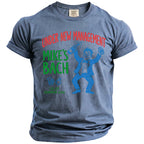 Blue t-shirt with "Under New Management, Mike's Bach" and a cartoon man.