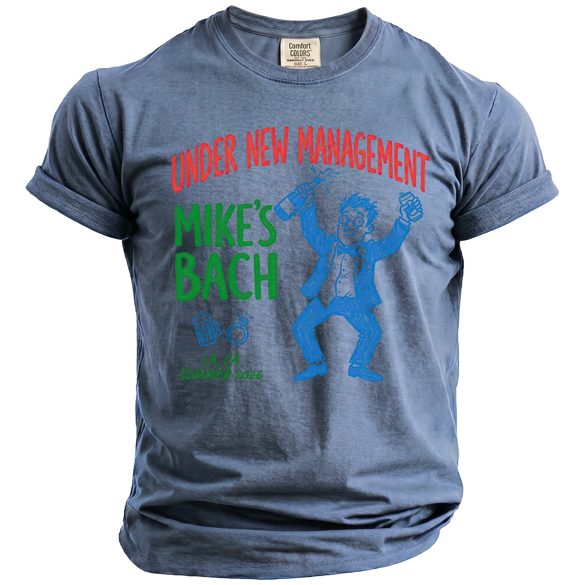 Blue t-shirt with "Under New Management, Mike's Bach" and a cartoon man.