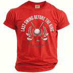 Red t-shirt with "Last Swing Before The Ring" golf graphic and "Bachelor Weekend 2026".
