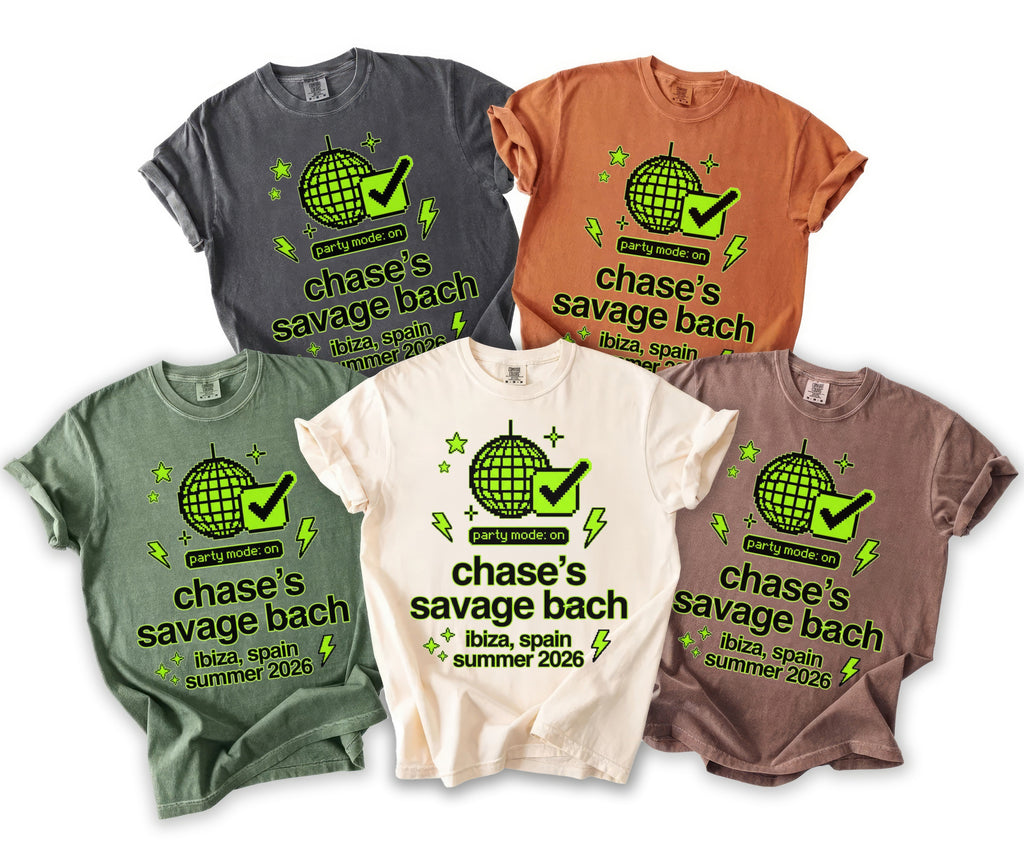 Five t-shirts in different colors, each featuring a neon green graphic with text about a bach party.