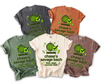 Five t-shirts in different colors, each featuring a neon green graphic with text about a bach party.