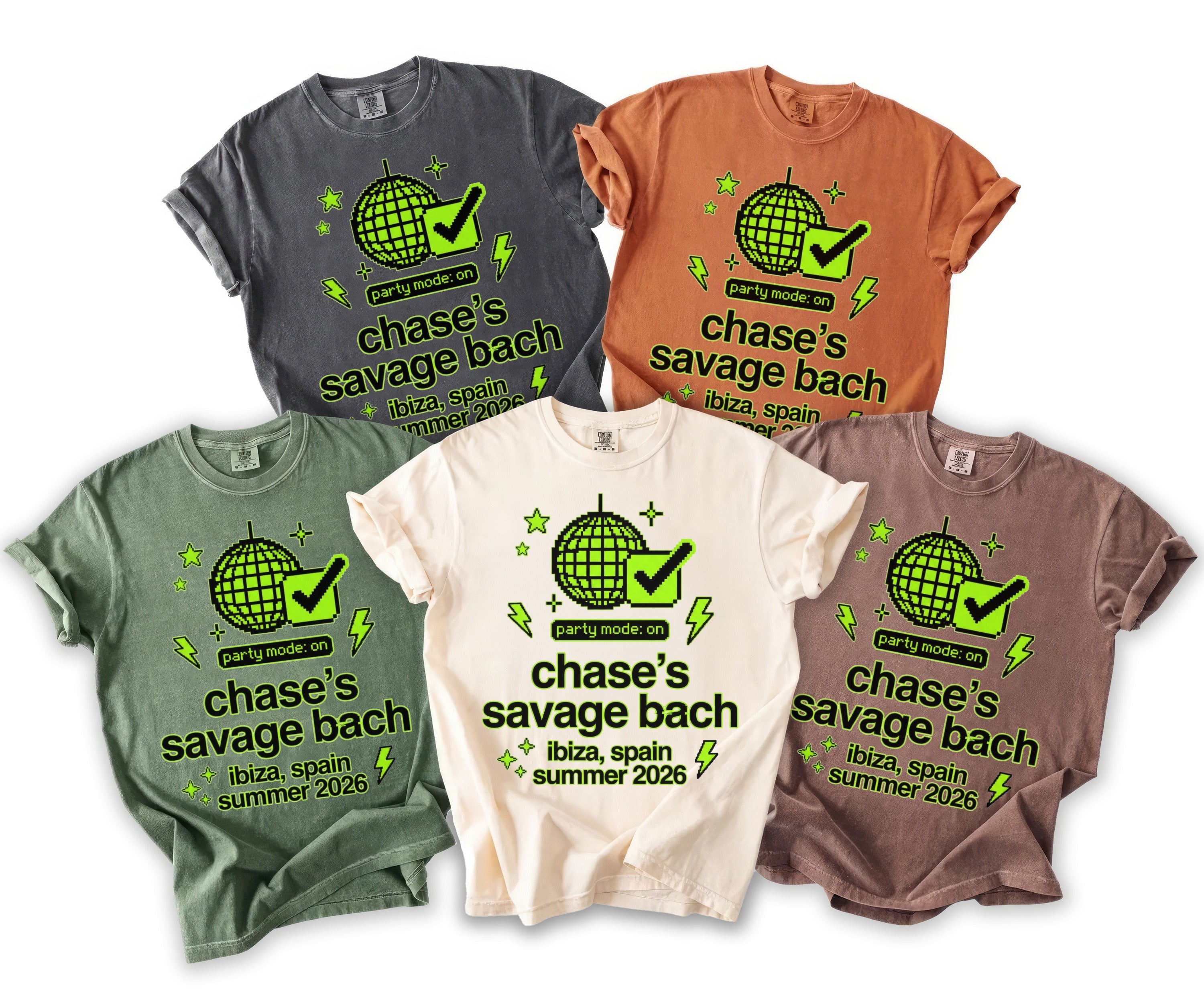 Five t-shirts in different colors, each featuring a neon green graphic with text about a bach party.