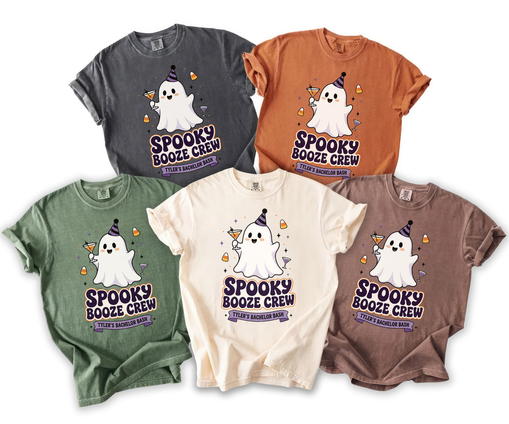Five t-shirts in various earth tones feature a ghost graphic with "Spooky Booze Crew" and "Tyler's Bachelor Bash" text.
