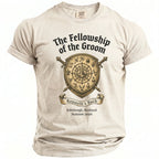 T-shirt with "The Fellowship of the Groom" graphic, swords, shield, and event details.