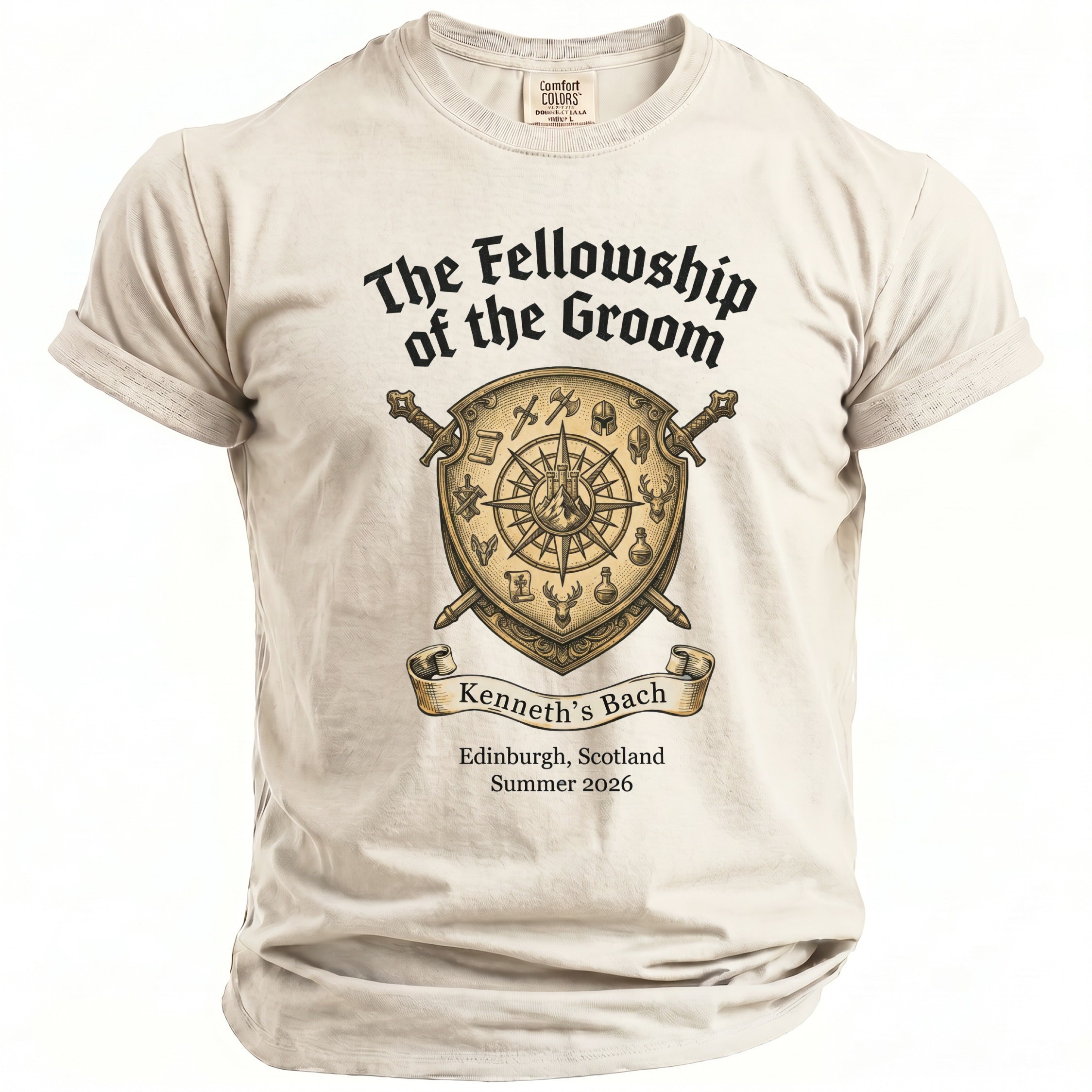T-shirt with "The Fellowship of the Groom" graphic, swords, shield, and event details.
