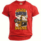 Red t-shirt with "Jazz Bach Scene" text and saxophone graphic, with "New Orleans" and vintage style.