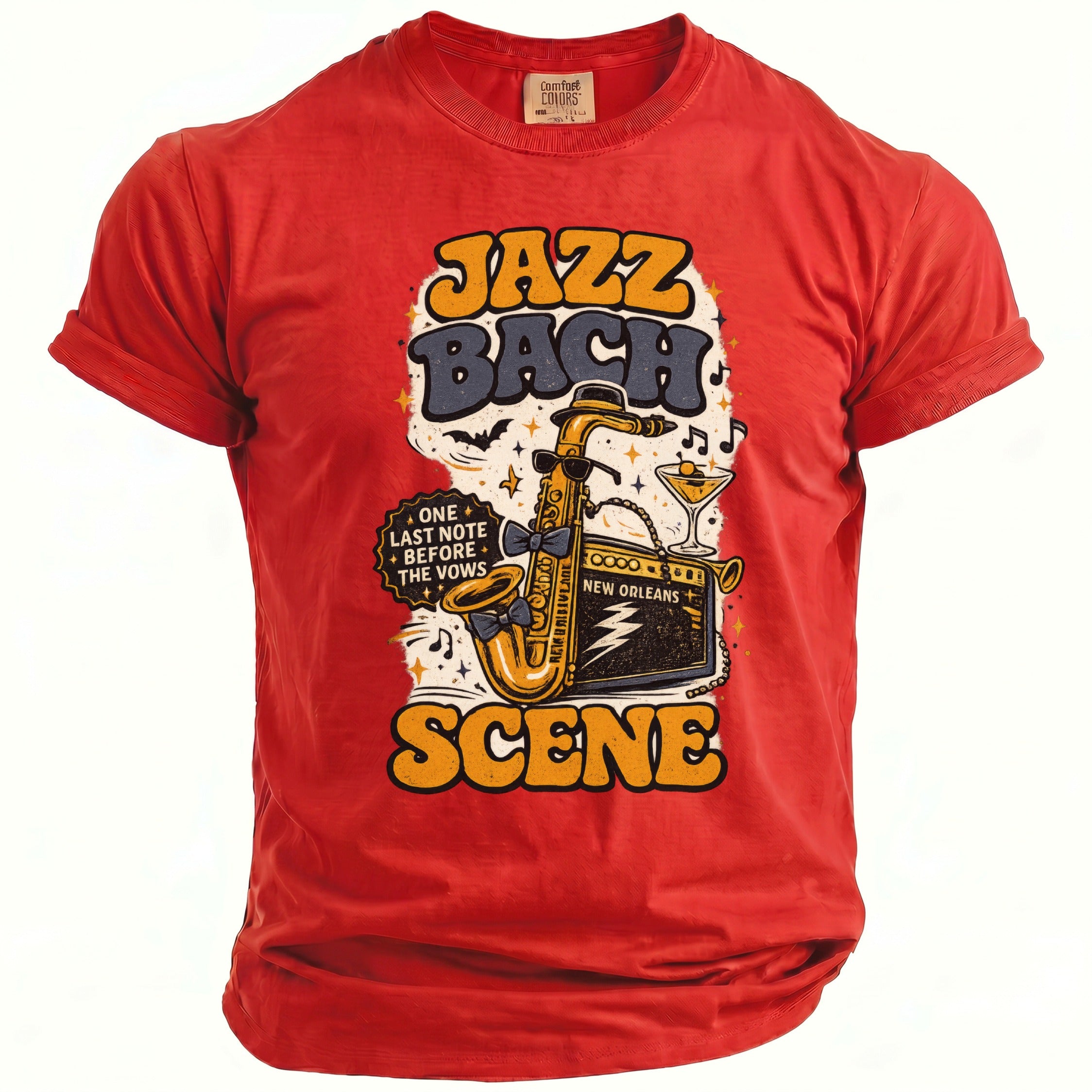 Red t-shirt with "Jazz Bach Scene" text and saxophone graphic, with "New Orleans" and vintage style.