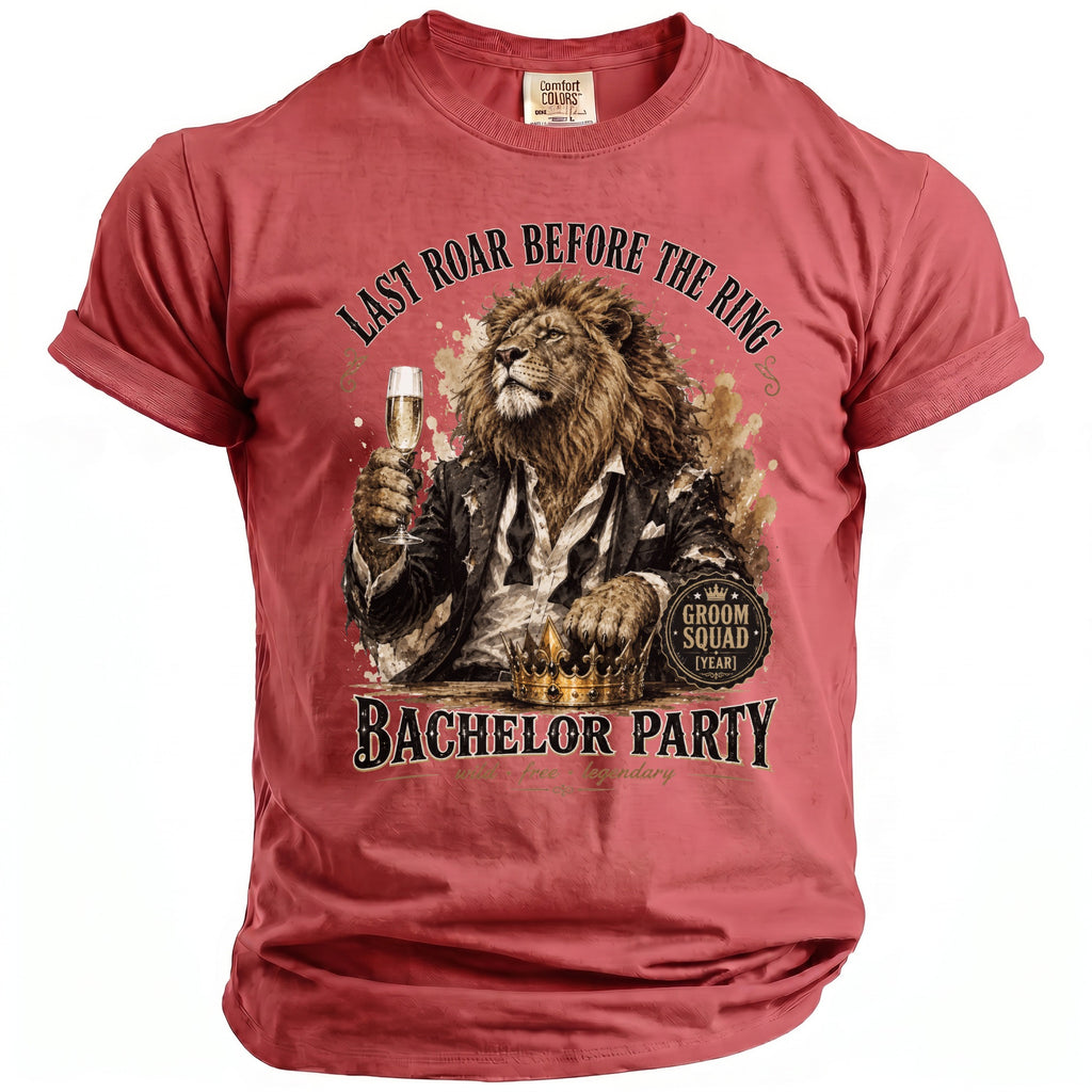 Rose-colored shirt with a lion in a suit holding champagne and text about a bachelor party.