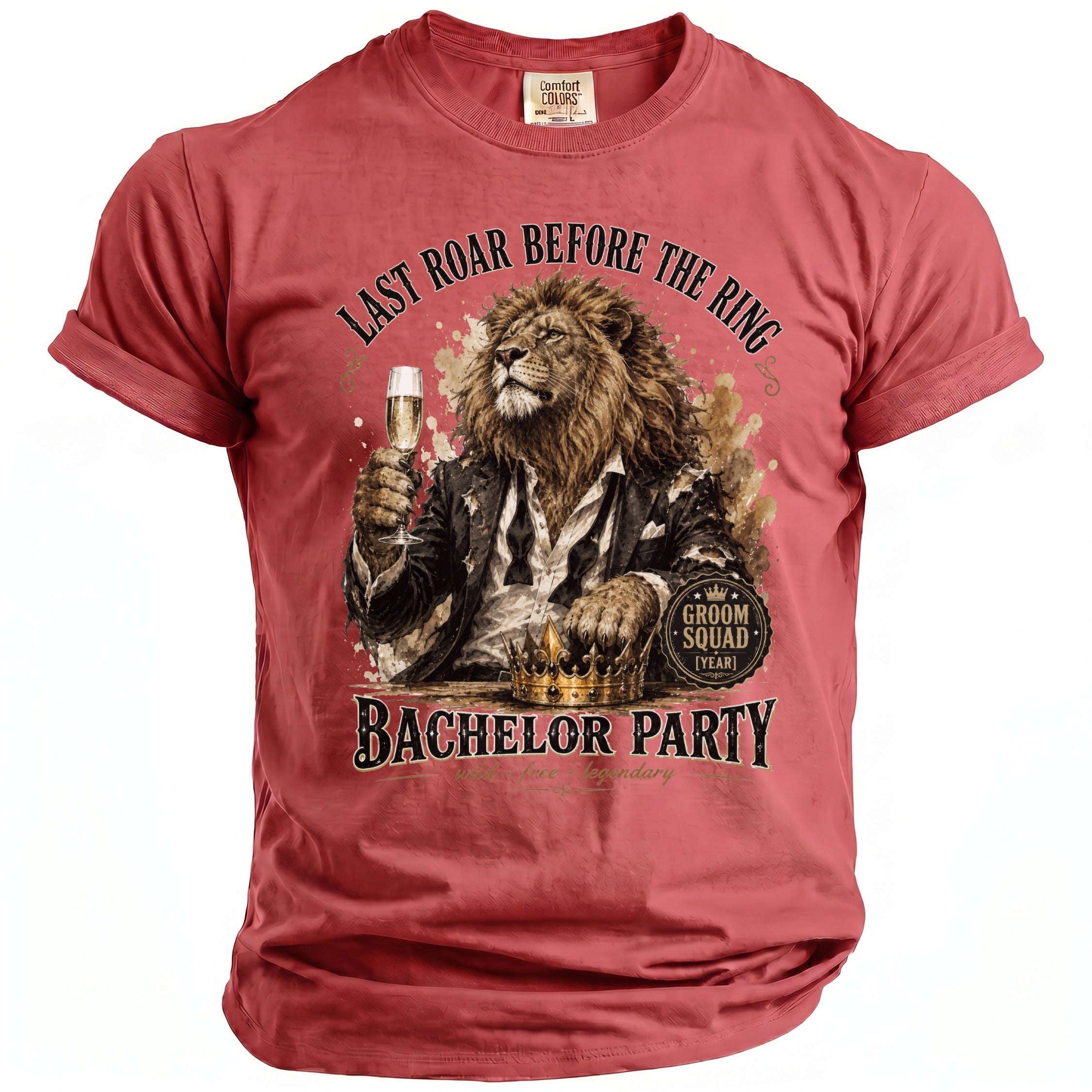 Rose-colored shirt with a lion in a suit holding champagne and text about a bachelor party.