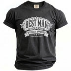 Black t-shirt with white "BEST MAN OFFICIALLY APPOINTED BACHELOR PARTY 2026" graphic.