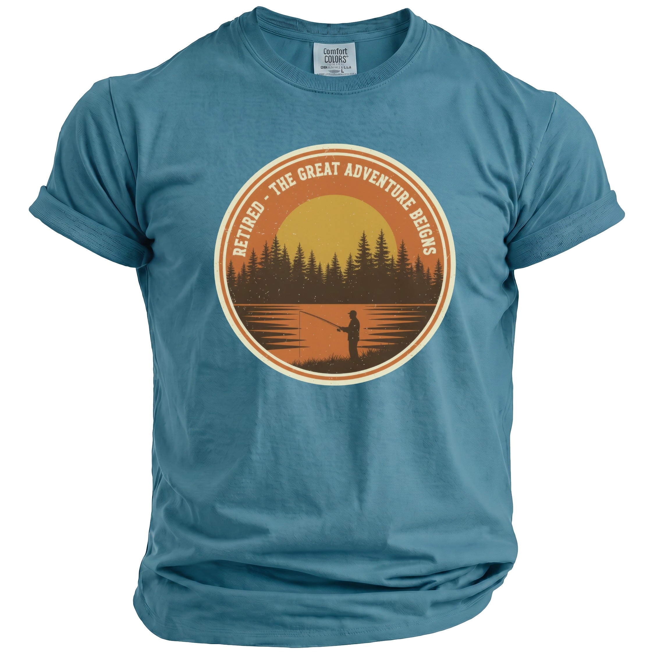 T-shirt with circular graphic of a fisherman and sunset, text "Retired - The Great Adventure Reigns".