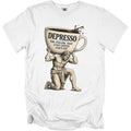 White t-shirt with graphic of Atlas holding a large coffee cup labeled "Depresso".