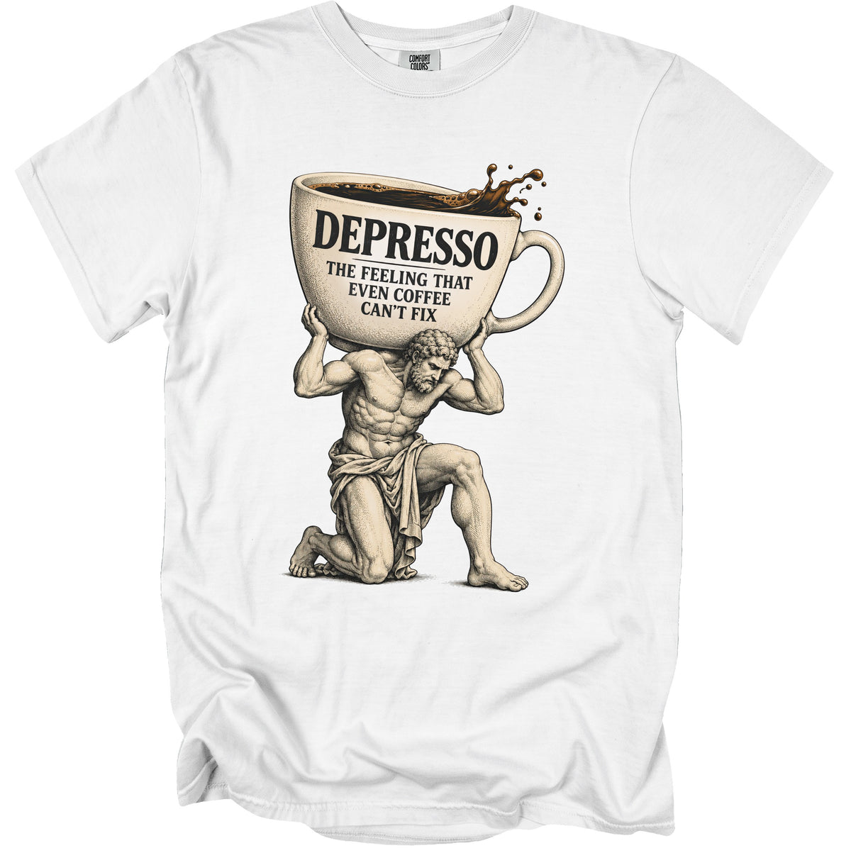 White t-shirt with graphic of Atlas holding a large coffee cup labeled "Depresso".