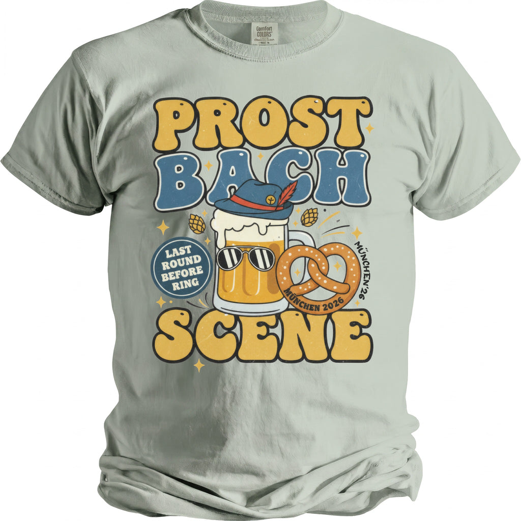 Retro "Prost Bach Scene München 2026" graphic with beer mug, pretzel, and hat.