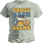 Retro "Prost Bach Scene München 2026" graphic with beer mug, pretzel, and hat.