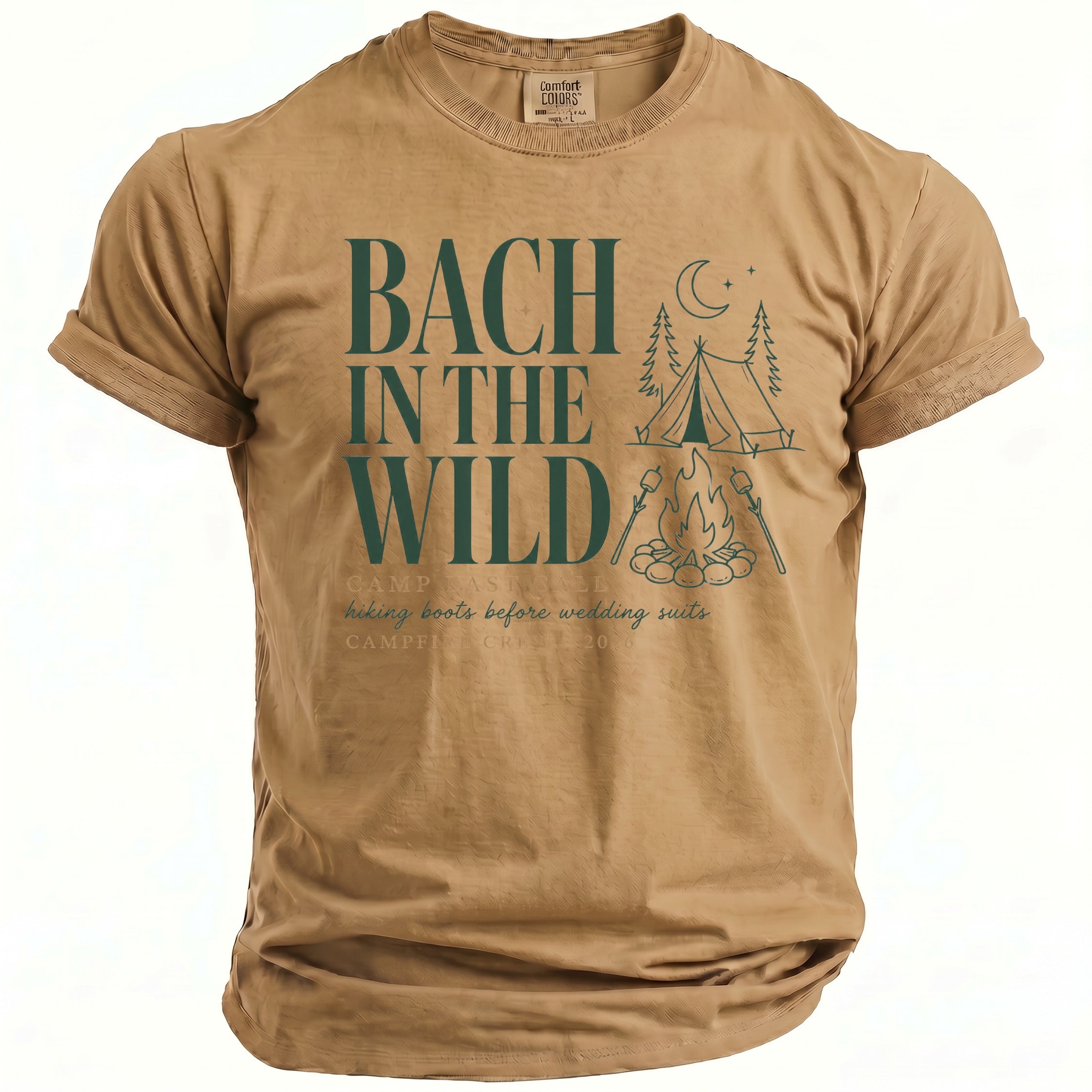Tan t-shirt with green text "BACH IN THE WILD" and camping graphic.
