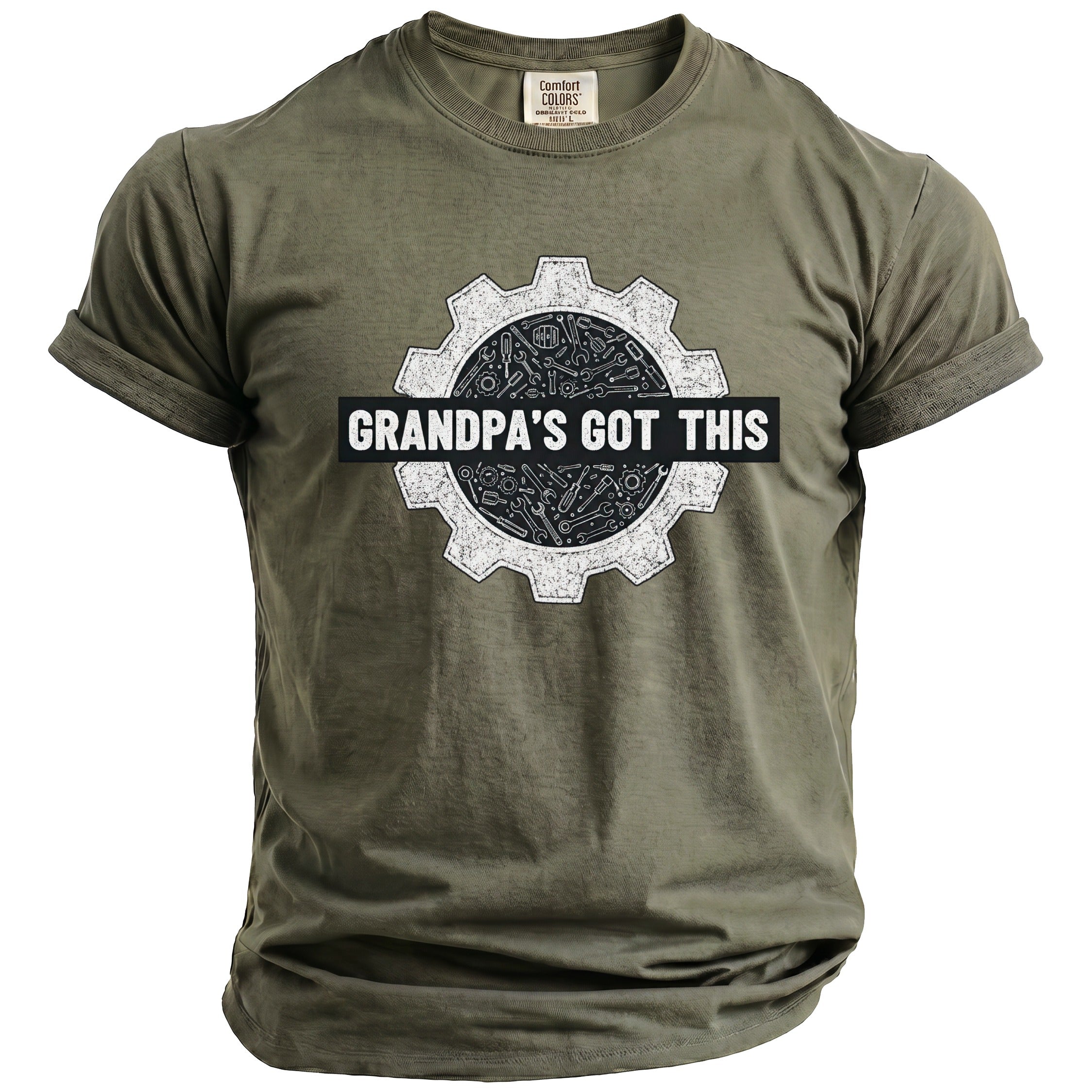 Olive t-shirt with a gear graphic and "GRANDPA'S GOT THIS" text.