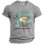 Beach bachelor party graphic with dragon pulling wagon, text "Dragon Me to the Altar".