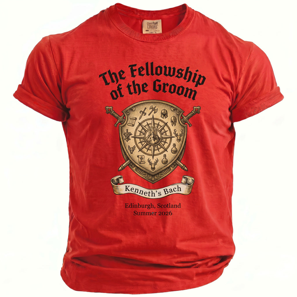 Red t-shirt with "The Fellowship of the Groom" and shield graphic.