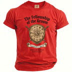 Red t-shirt with "The Fellowship of the Groom" and shield graphic.