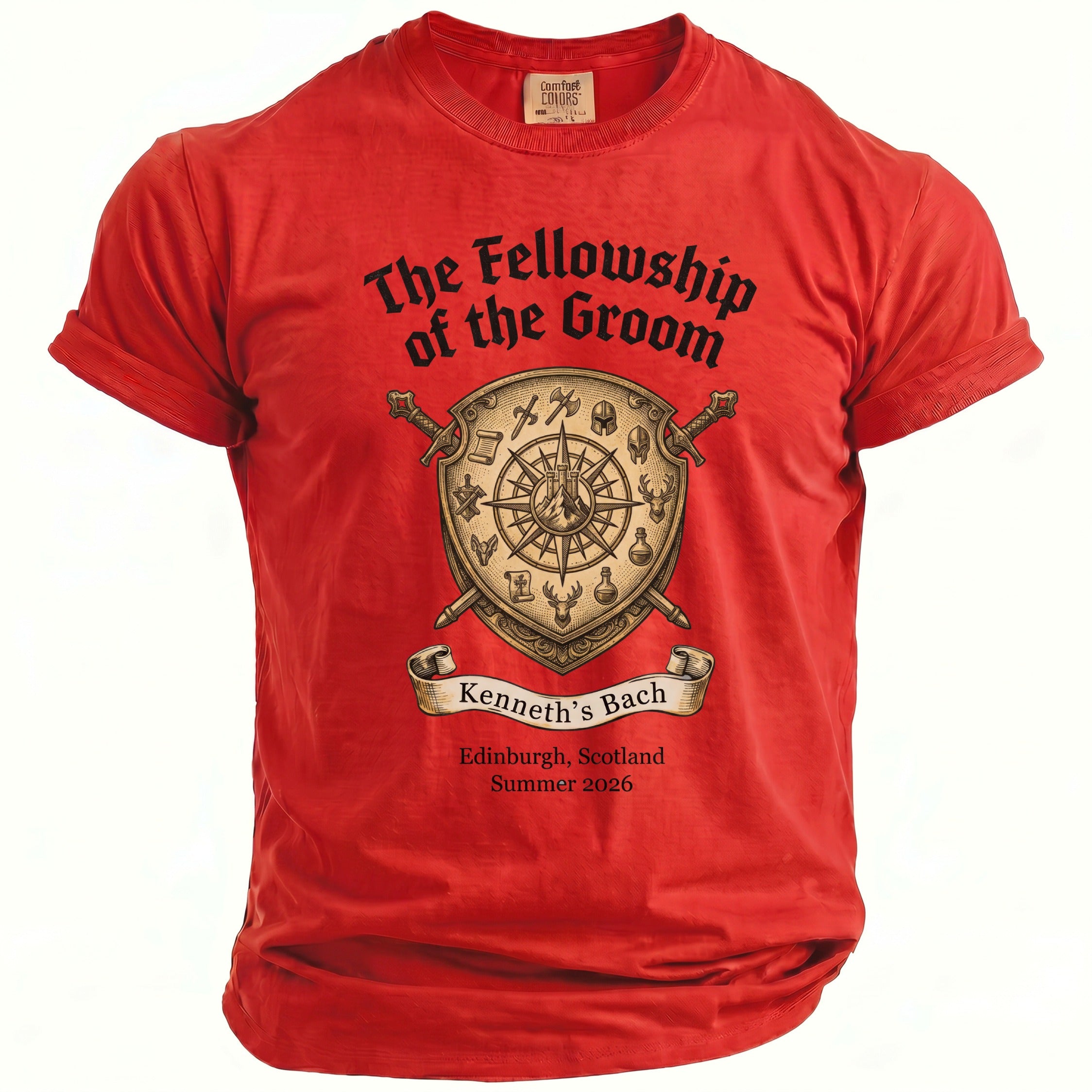 Red t-shirt with "The Fellowship of the Groom" and shield graphic.