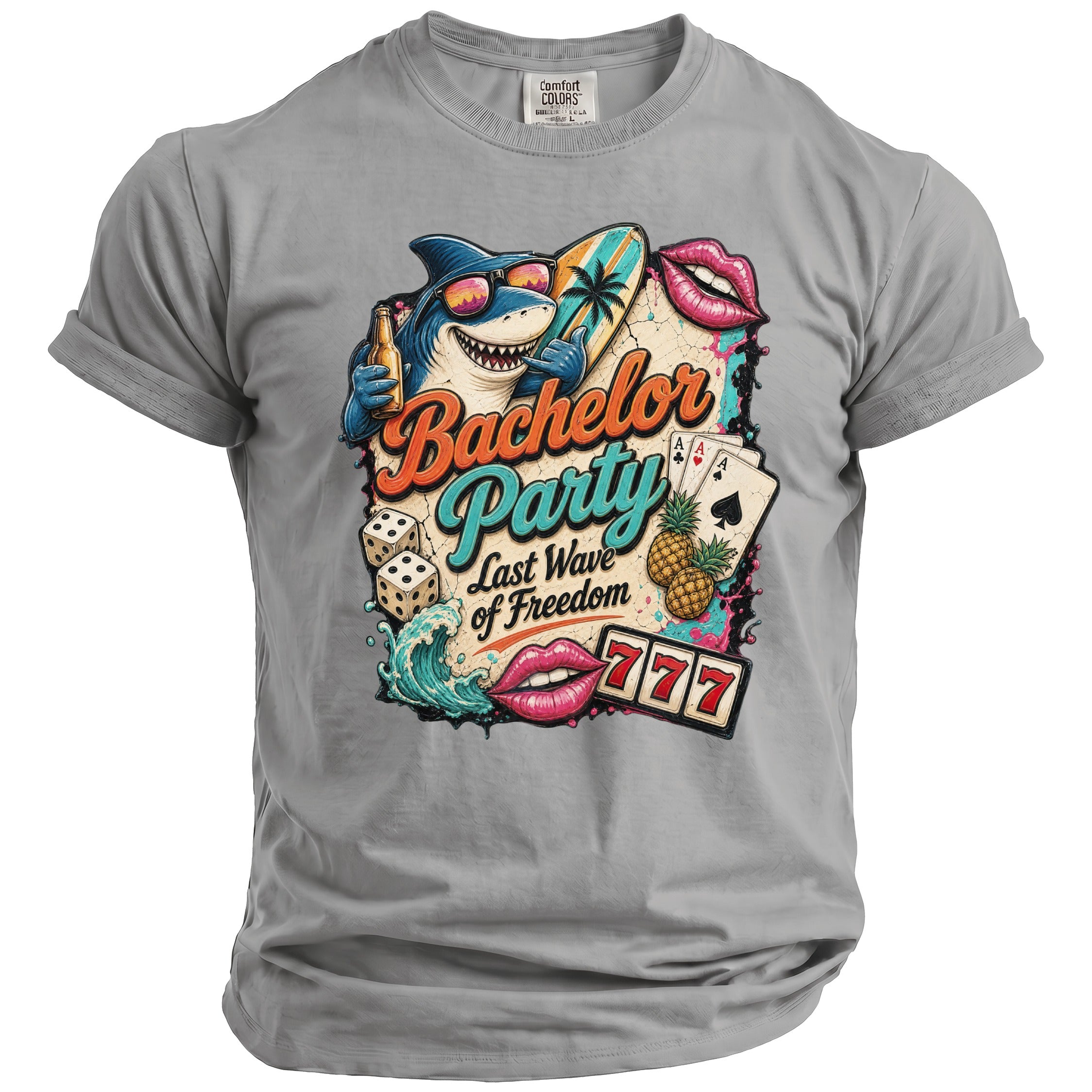 Grey t-shirt with "Bachelor Party Last Wave of Freedom" graphic featuring shark, surfboard, and casino elements.