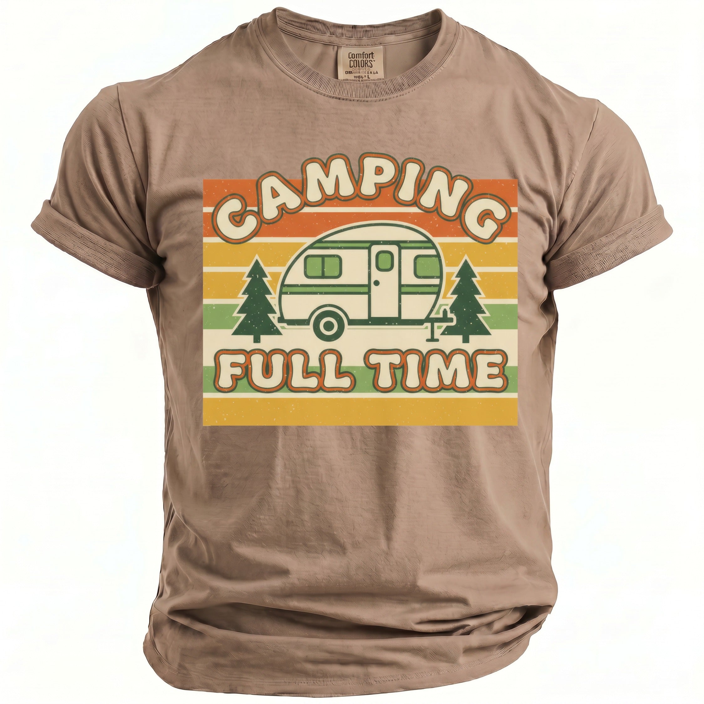 T-shirt with "CAMPING FULL TIME" text and retro camper graphic.