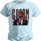 Light blue t-shirt with devilish groom graphic and flames.