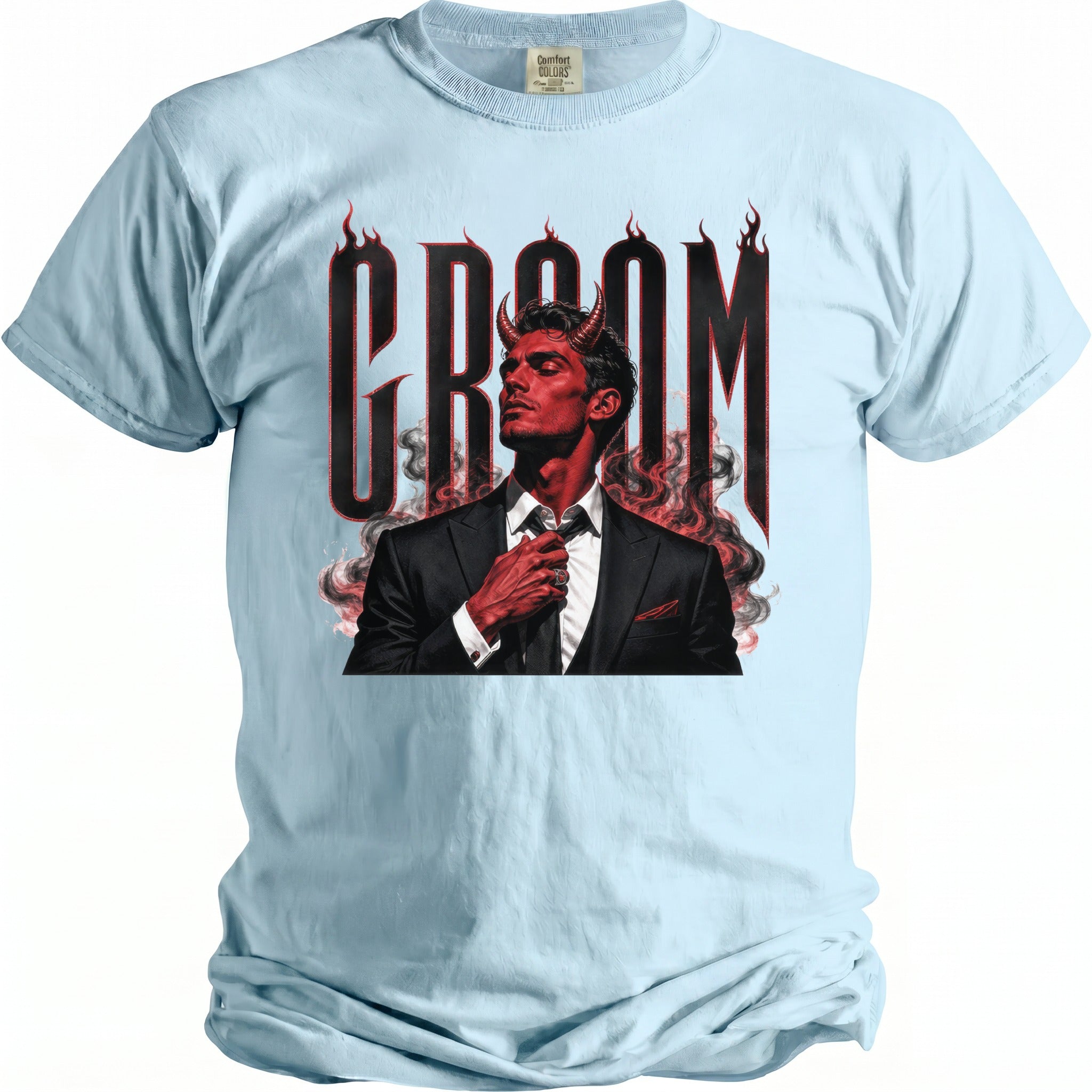 Light blue t-shirt with devilish groom graphic and flames.