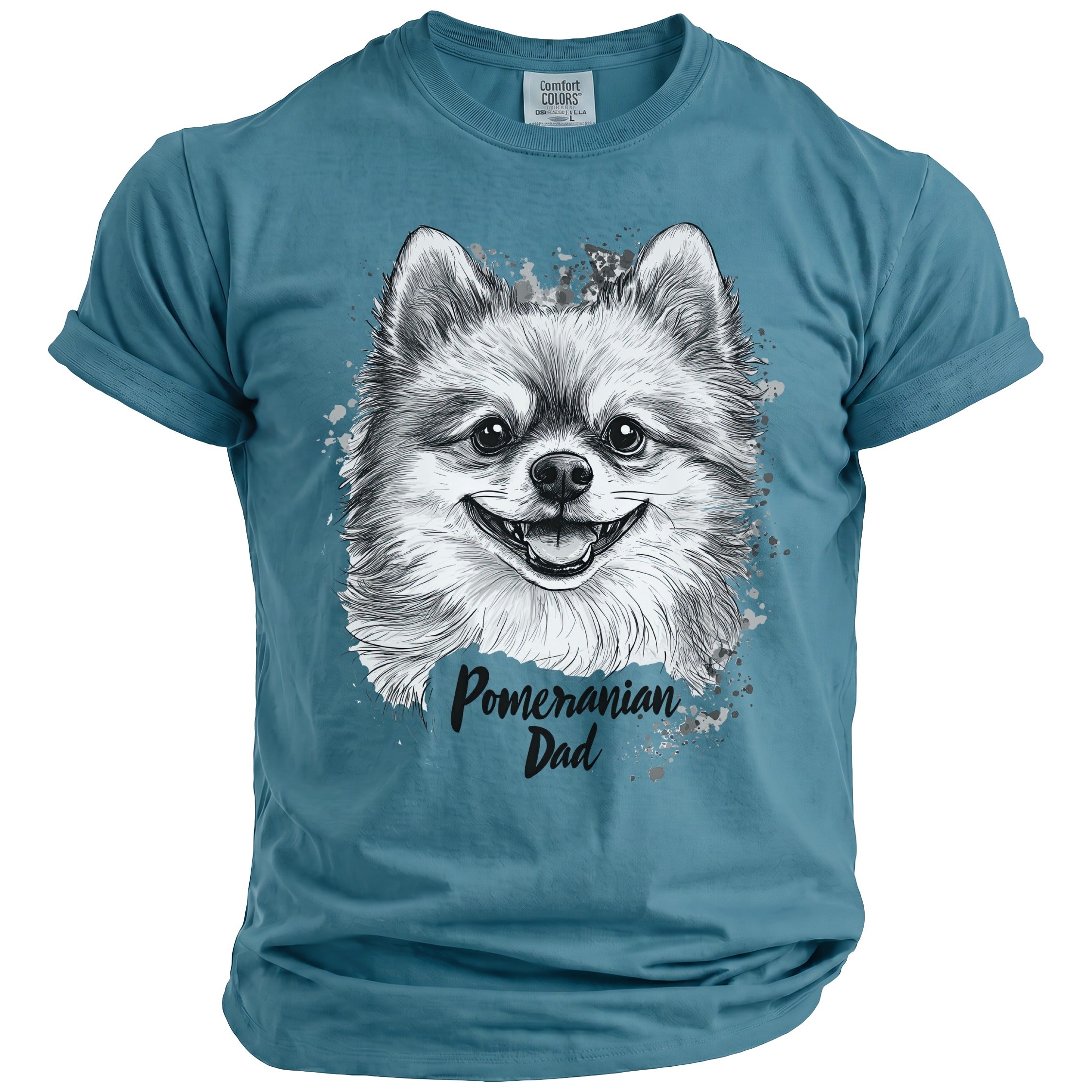 Blue t-shirt with a sketch of a happy Pomeranian and "Pomeranian Dad" text.