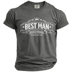 Gray t-shirt with "BEST MAN OFFICIALLY APPOINTED BACHELOR PARTY 2026" text design.