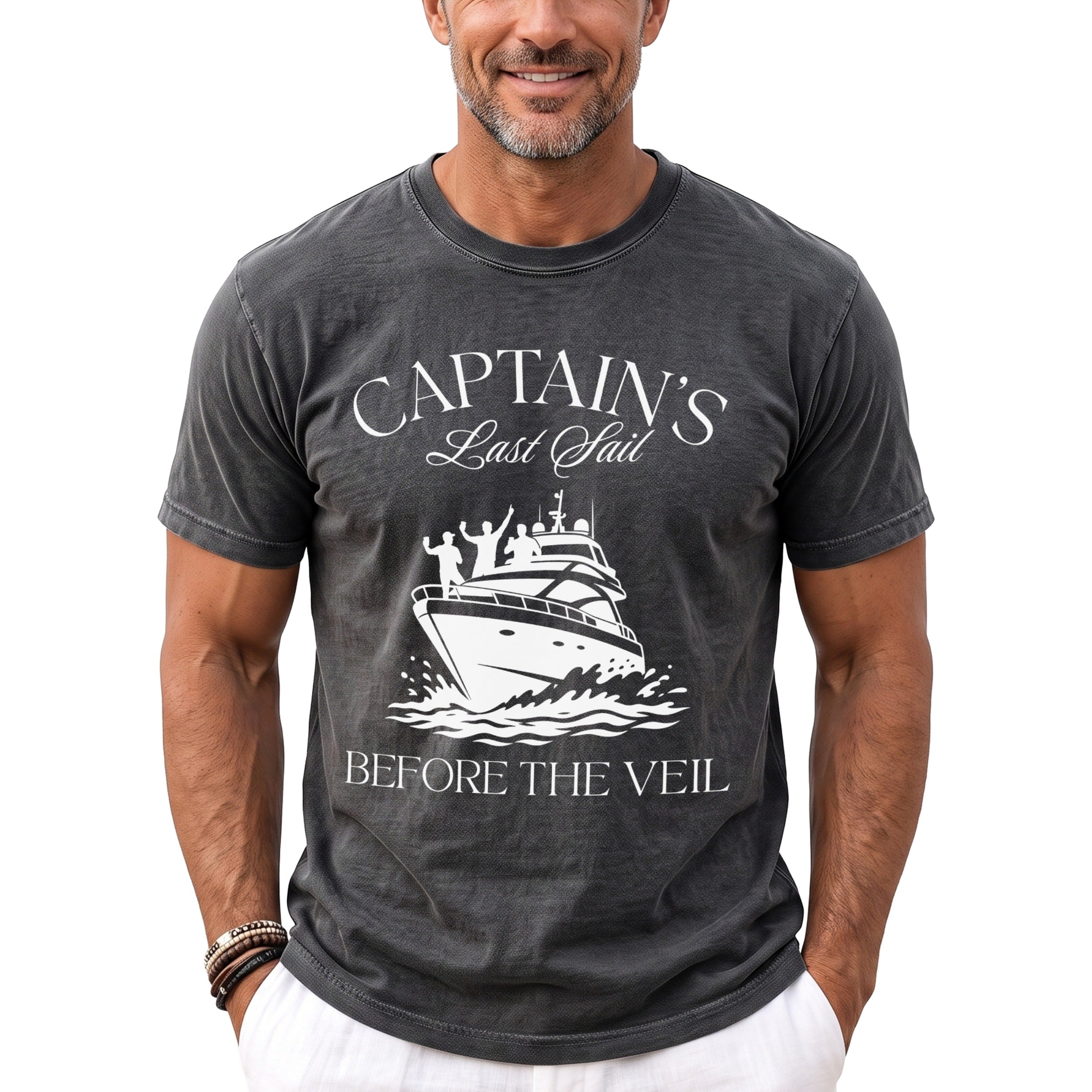 Dark grey t-shirt with "Captain's Last Sail Before The Veil" text and boat graphic.