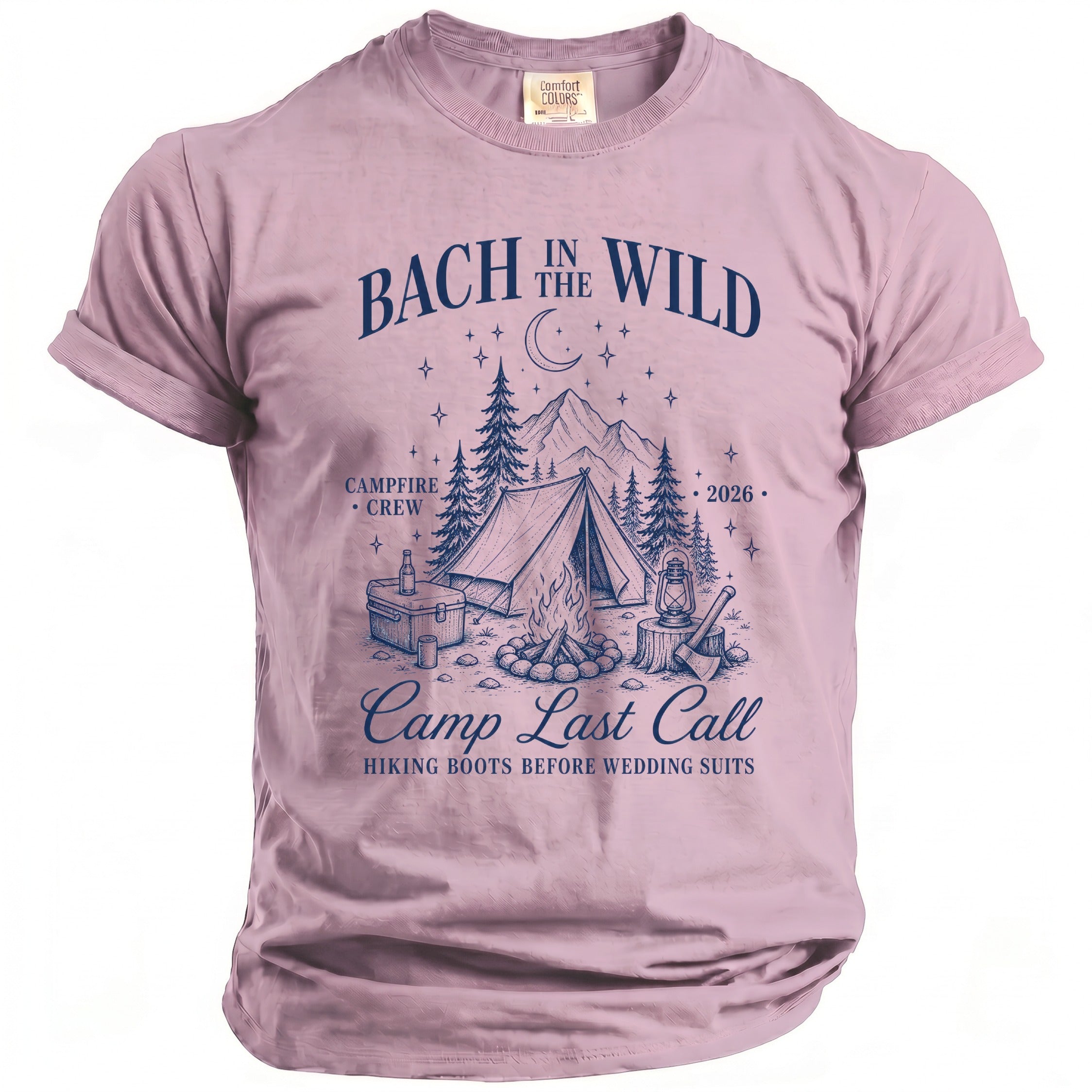 Pink t-shirt with "Bach in the Wild Camp Last Call" text and camping graphics.