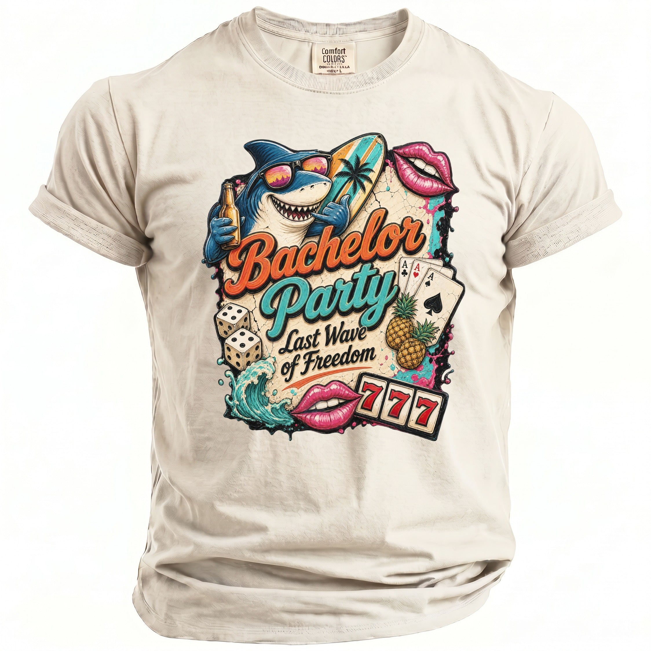 Graphic tee with "Bachelor Party Last Wave of Freedom" text, shark, dice, and cards.