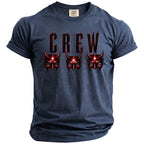 Dark blue t-shirt with red devil masks and "CREW" text.