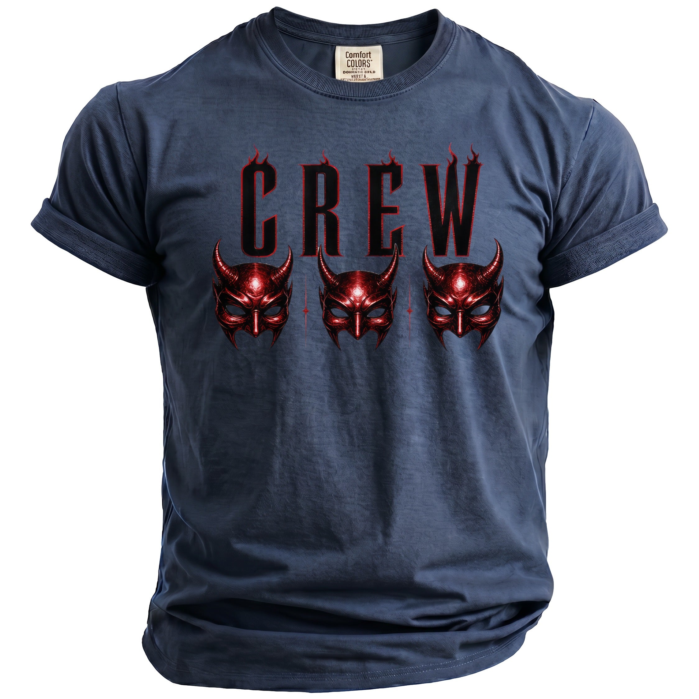 Dark blue t-shirt with red devil masks and "CREW" text.