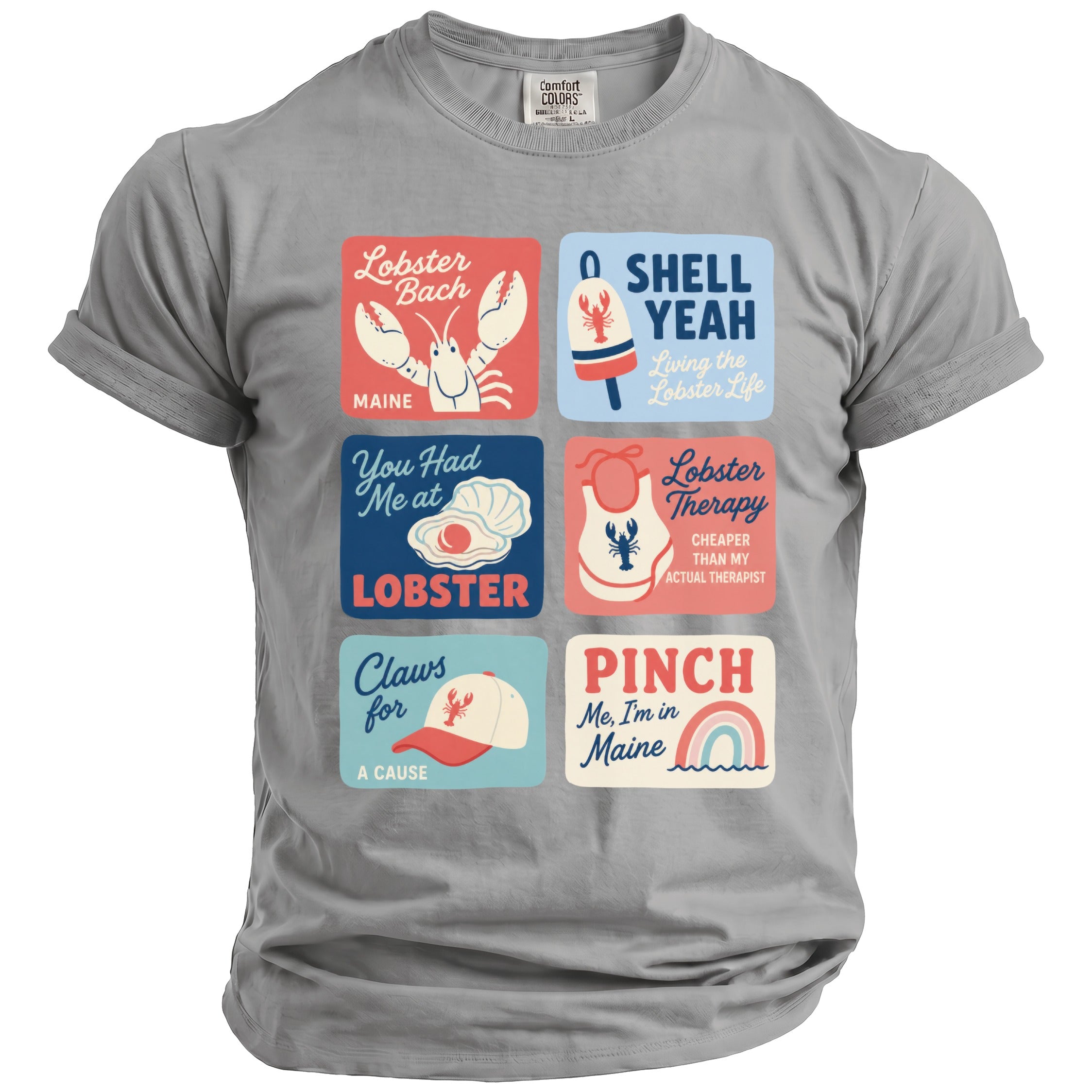 Grey t-shirt with six square graphic elements featuring lobster-themed text and illustrations.