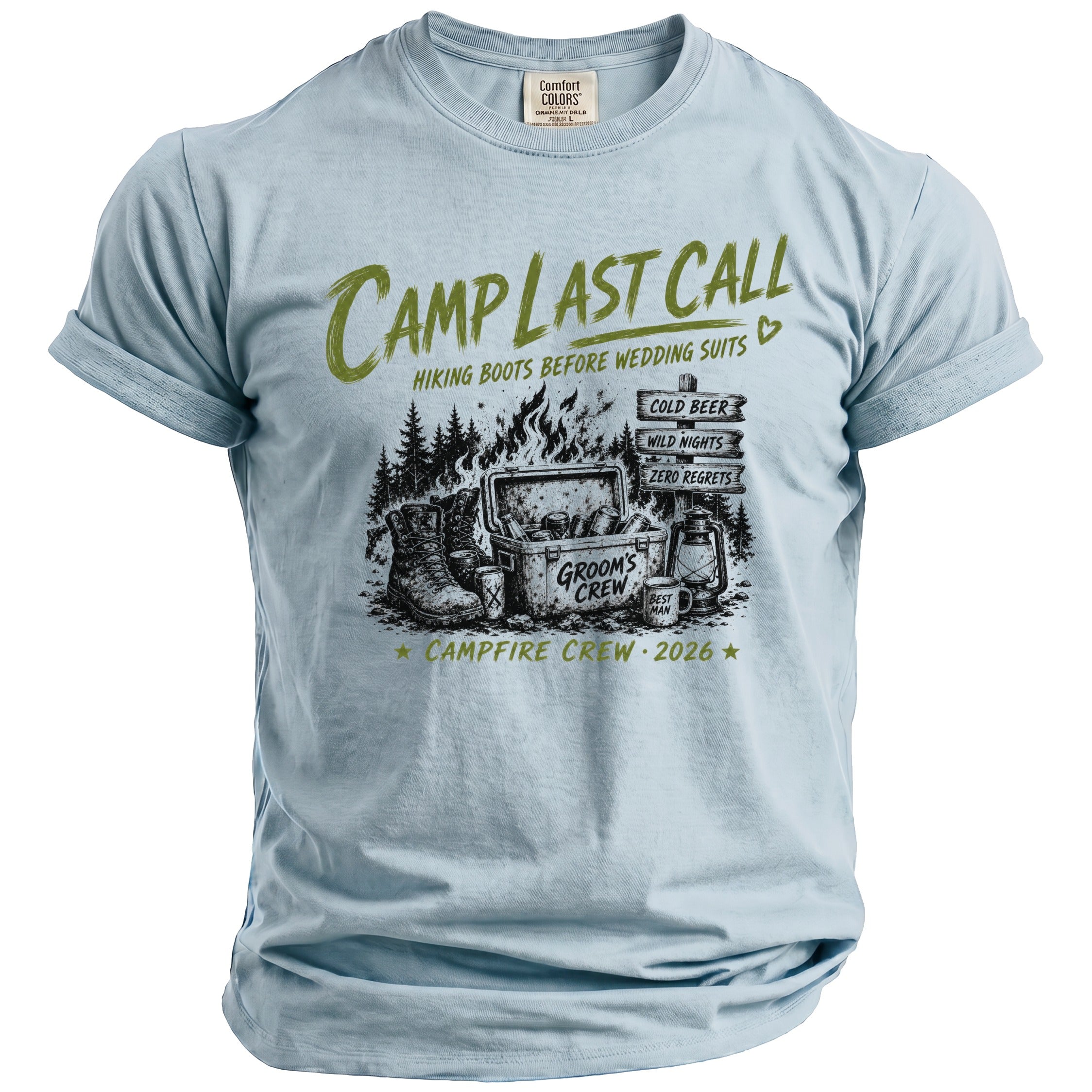 Light blue t-shirt with "Camp Last Call" graphic featuring a cooler of drinks, boots, and signs.