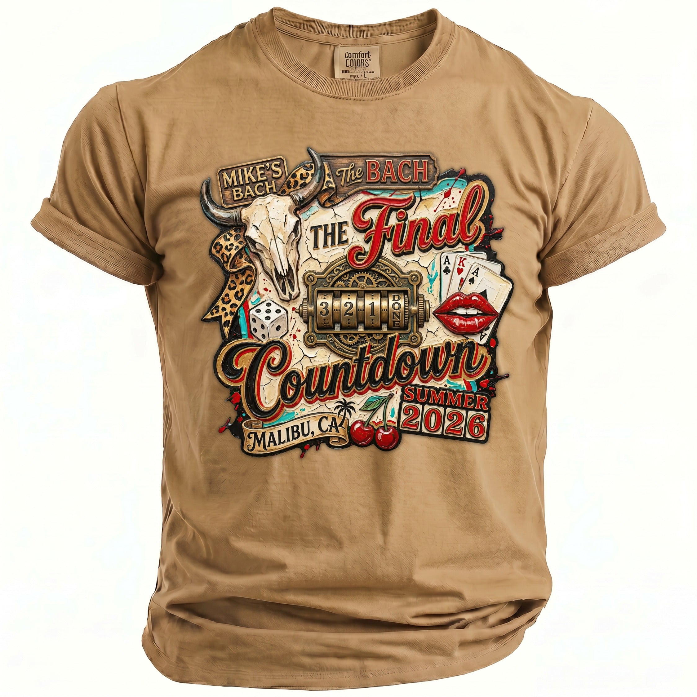 T-shirt with "The Final Countdown Summer 2026 Malibu, CA" graphic.