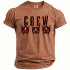 Brown t-shirt with "CREW" text and three red devil masks.