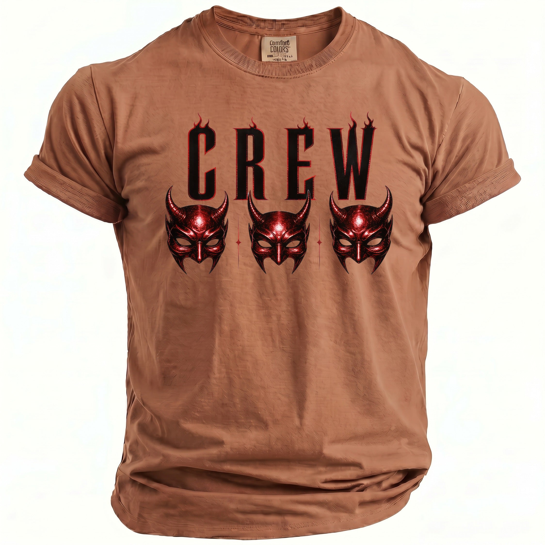 Brown t-shirt with "CREW" text and three red devil masks.