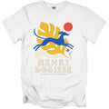 White t-shirt with a blue dog, yellow leaf, and red circle graphic. Henri Dogisse text below.