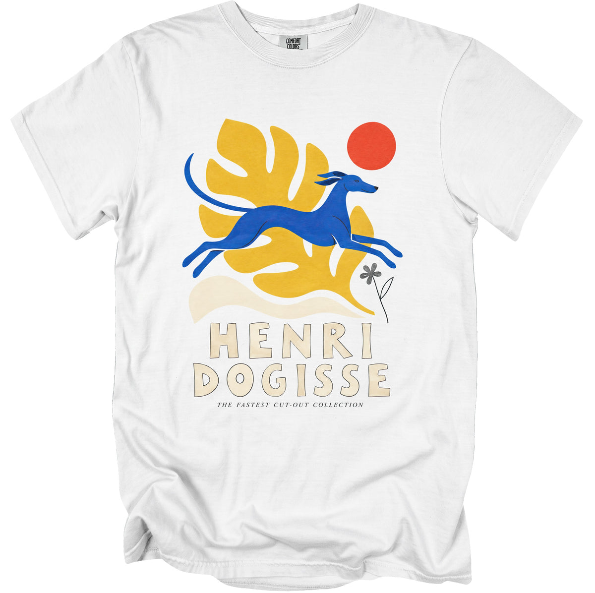 White t-shirt with a blue dog, yellow leaf, and red circle graphic. Henri Dogisse text below.