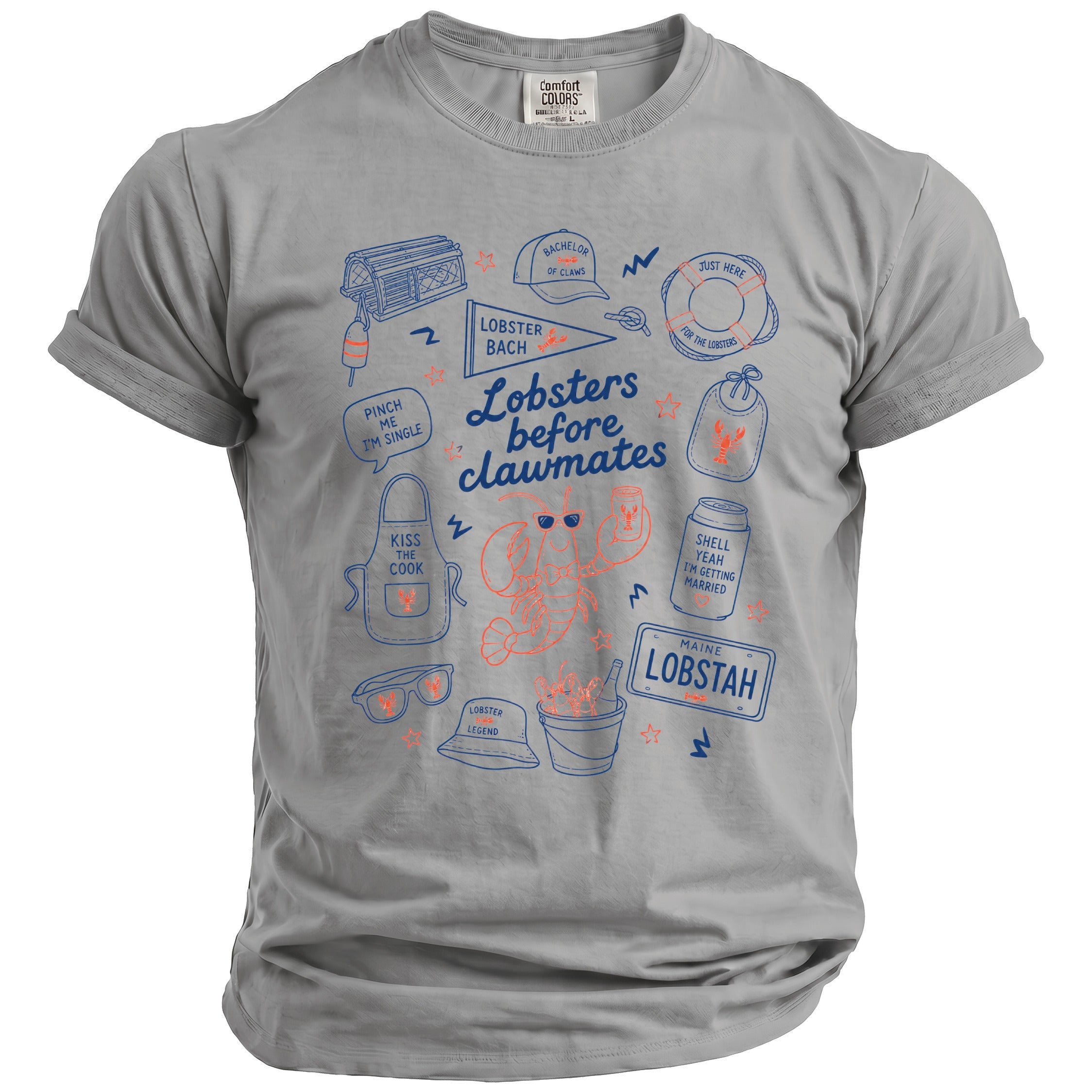Grey t-shirt with "Lobsters before clawmates" graphic featuring lobsters, bib, apron, and Maine license plate.