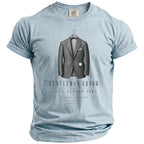 Light blue t-shirt with "Gentleman Groom" graphic, suit, and pocket watch.