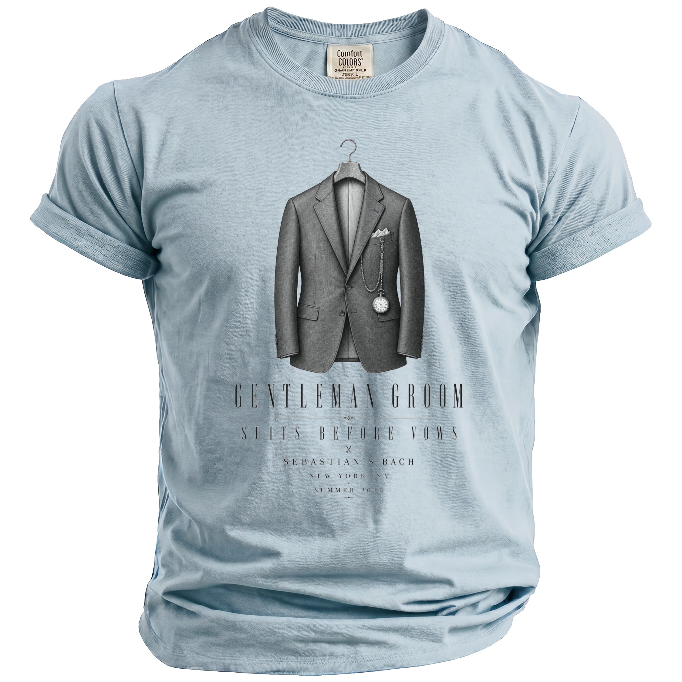 Light blue t-shirt with "Gentleman Groom" graphic, suit, and pocket watch.
