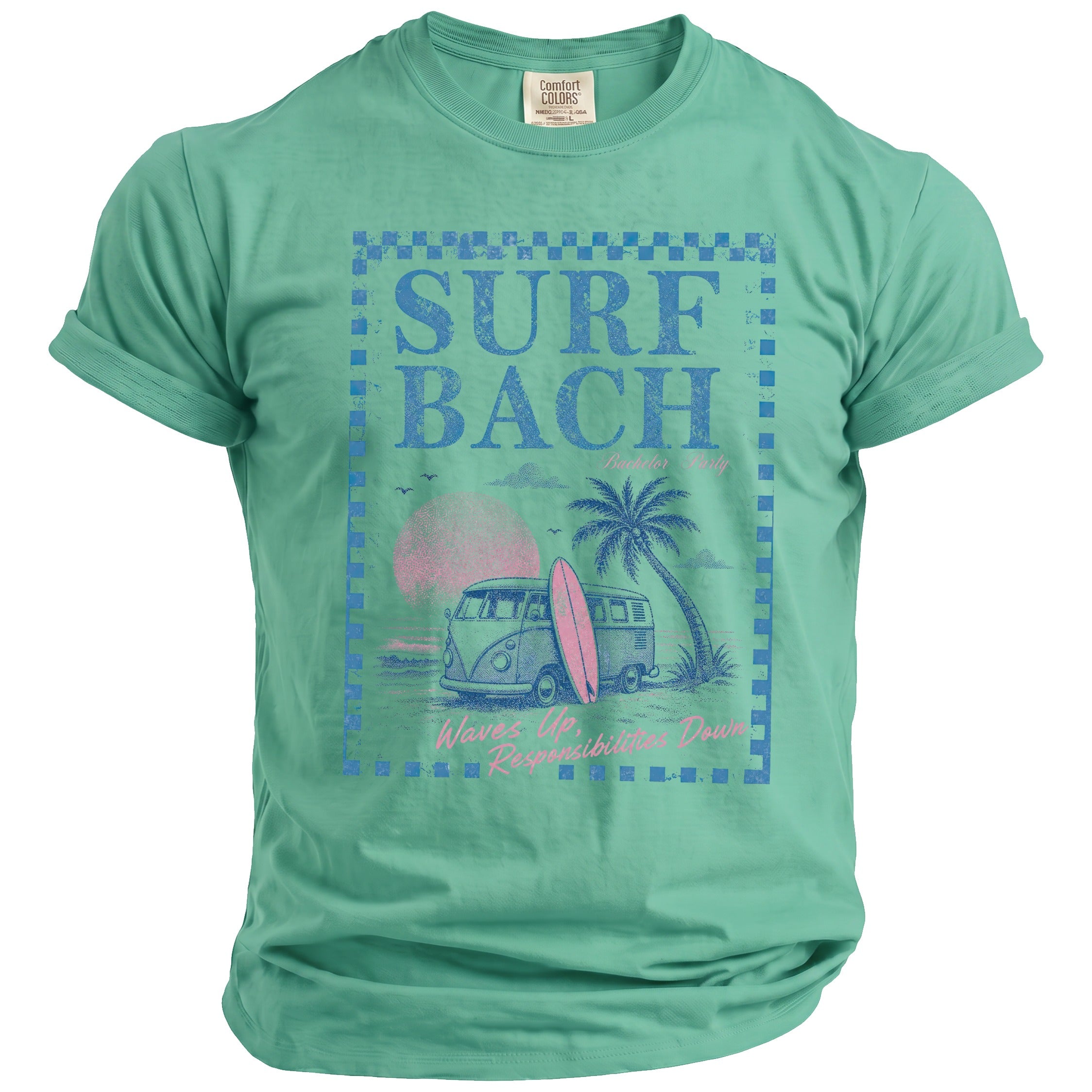 Green t-shirt with "SURF BACH Bachelor Party" and beach scene graphic.